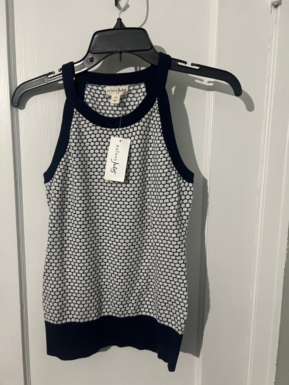 Maison Jules White Honeycomb Knit Tank with Navy Trim